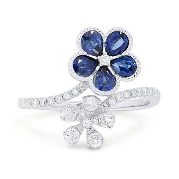 14k White Gold Double Sapphire Diamond Flower Bypass Ring