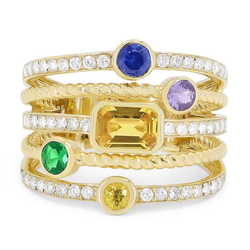 14k Yellow Gold 5 Row Multi Color Ring