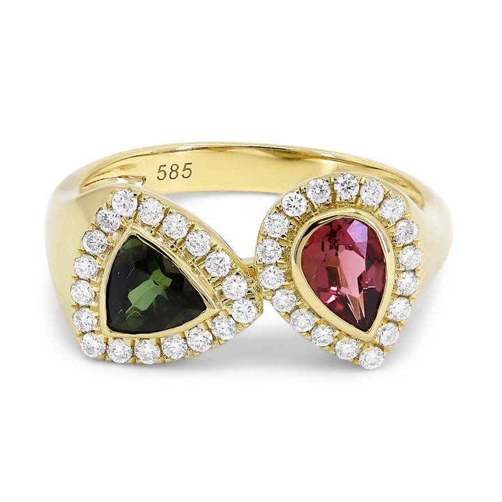 14k Yellow Gold Pink and Green Tourmaline Diamond Ring