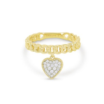 14k Yellow Gold Pave Diamond Dangle Heart Chain Ring