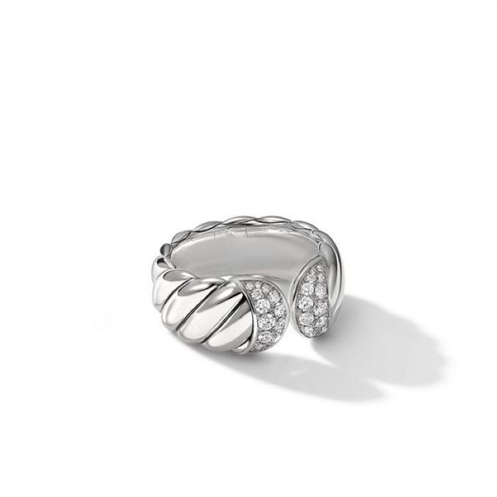 Silver Sculpted Split Pave Diamond Cable Ring