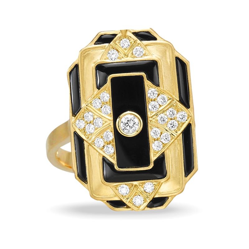 18k Yellow Gold Rectangle Onyx Diamond Ring