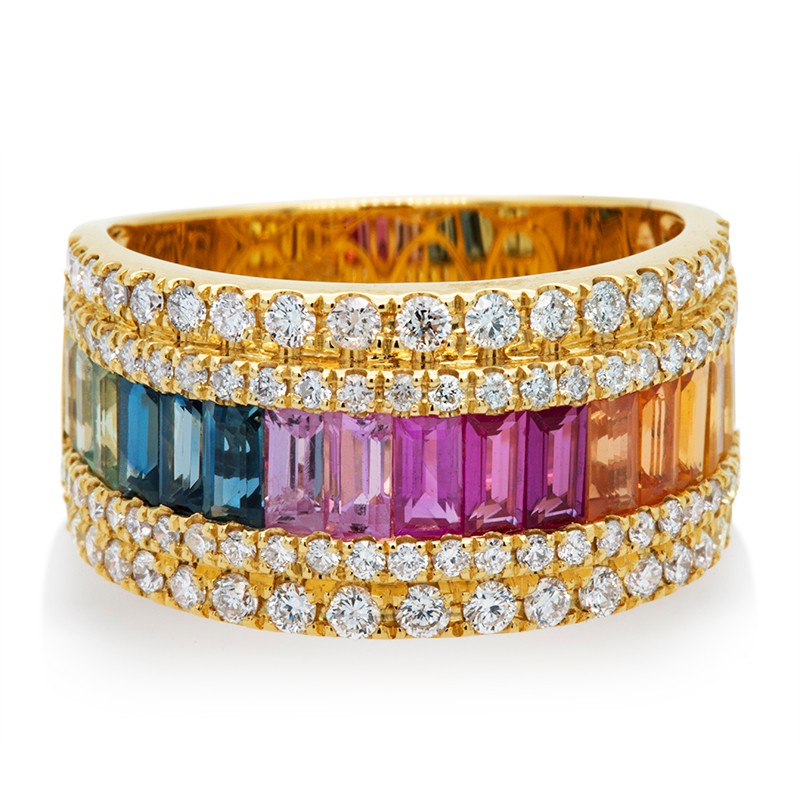 18k Yellow Gold 5 Row Rainbow Sapphire Diamond Ring