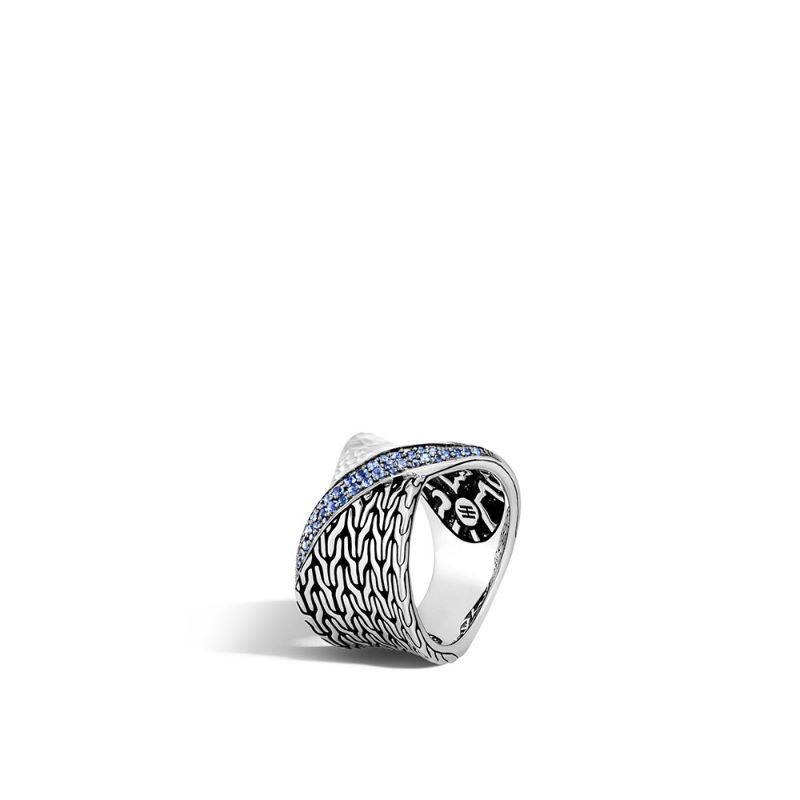 Silver Classic Chain Twisted Hammered Sapphire Ring