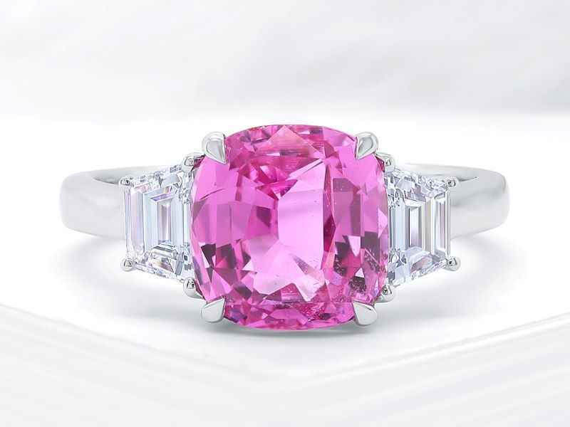 18k White Gold 3 Stone Pink Sapphire Diamond Ring