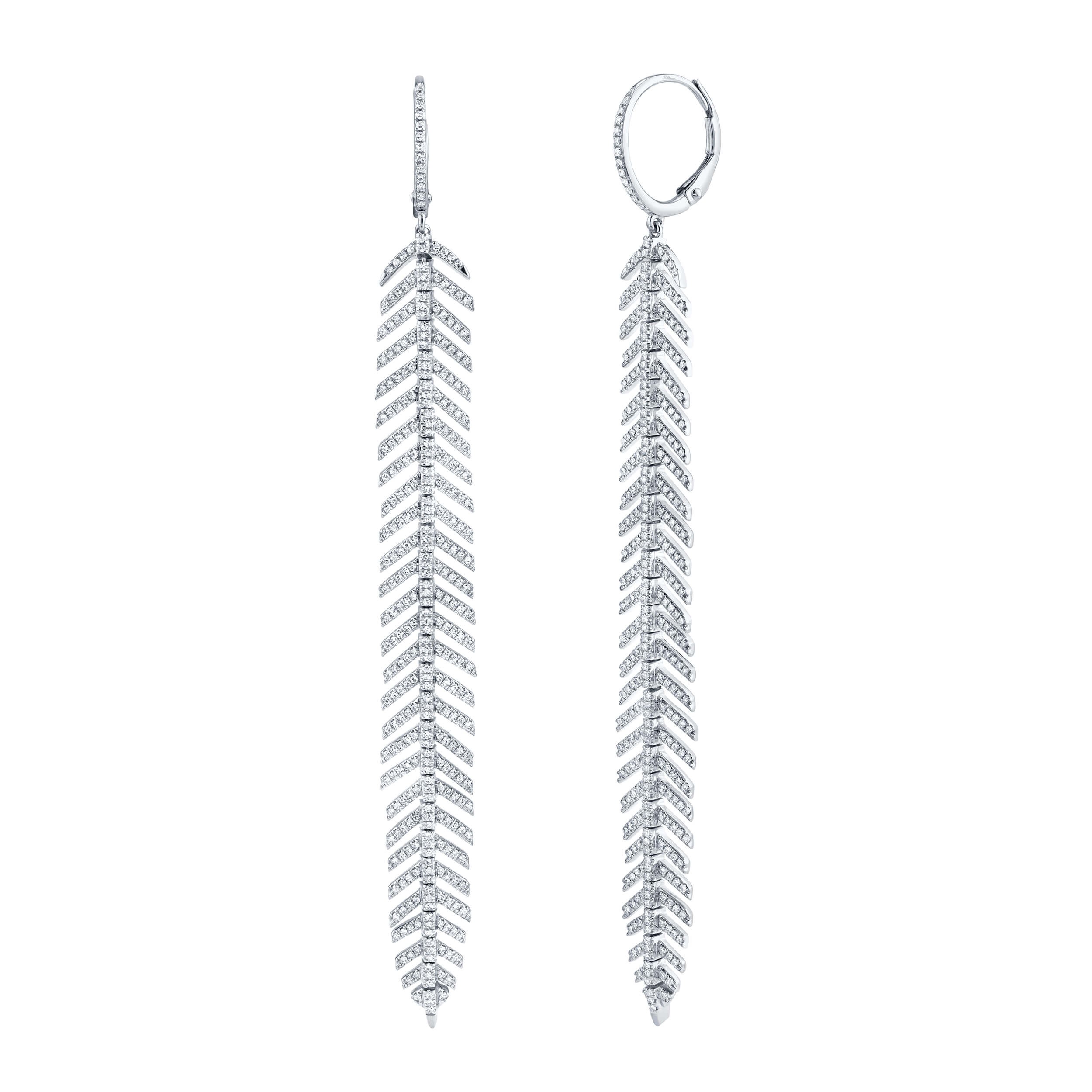 14k White Gold Diamond Feather Earrings