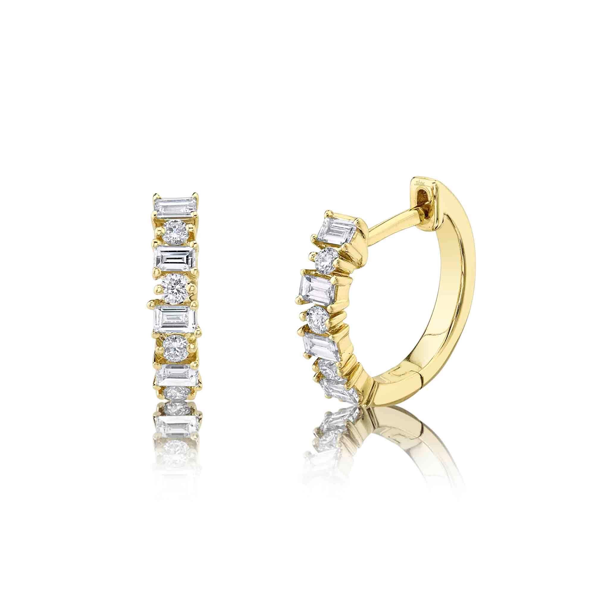 14k Yellow Gold Alternating Shape Diamond Huggie Earrings