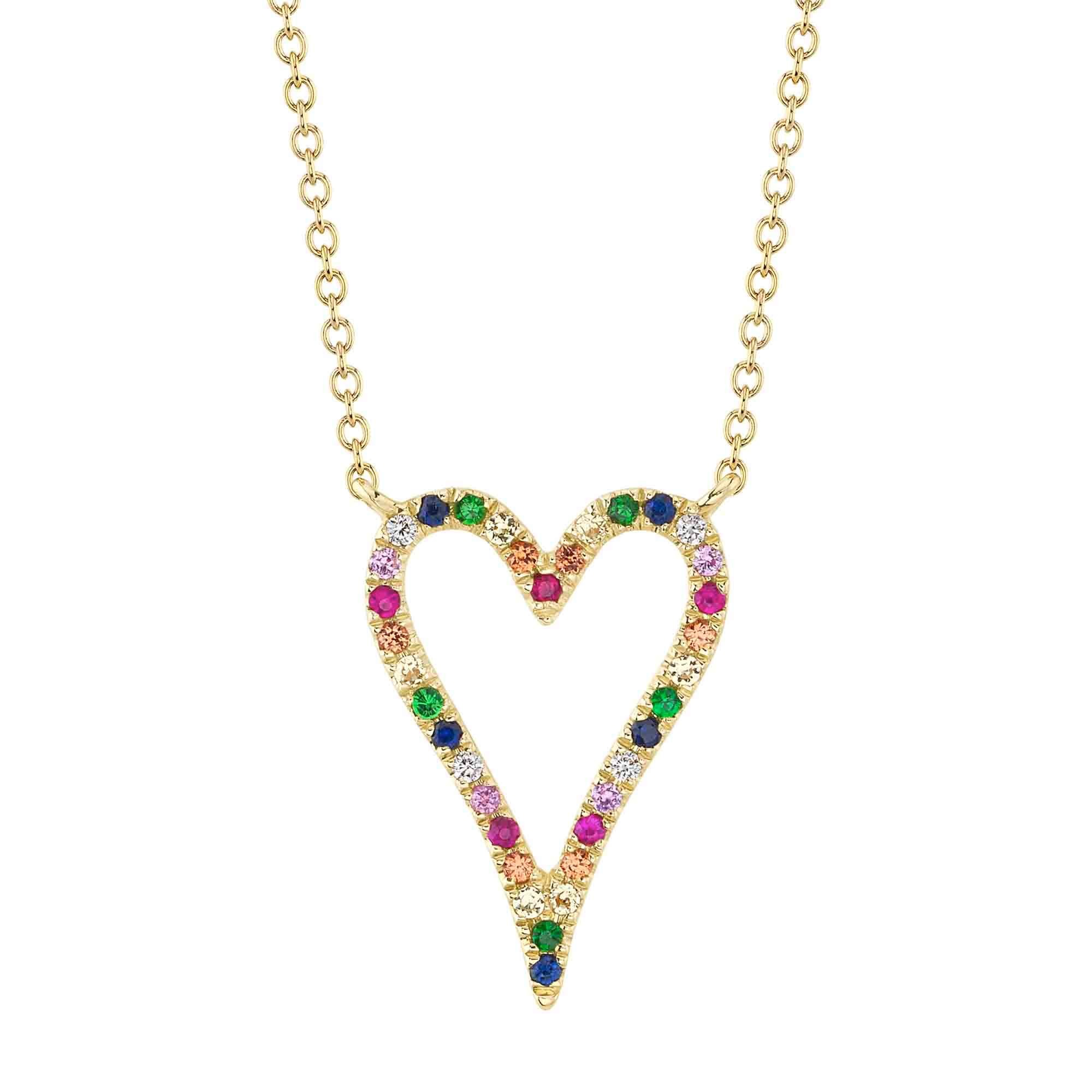 14k Yellow Gold Multi Diamond Rainbow Heart Necklace