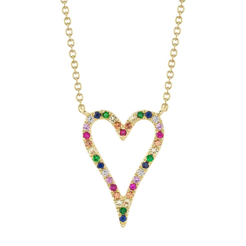 14k Yellow Gold Multi Diamond Rainbow Heart Necklace