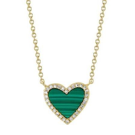 14k Yellow Gold Malachite Pave Diamond Heart Necklace