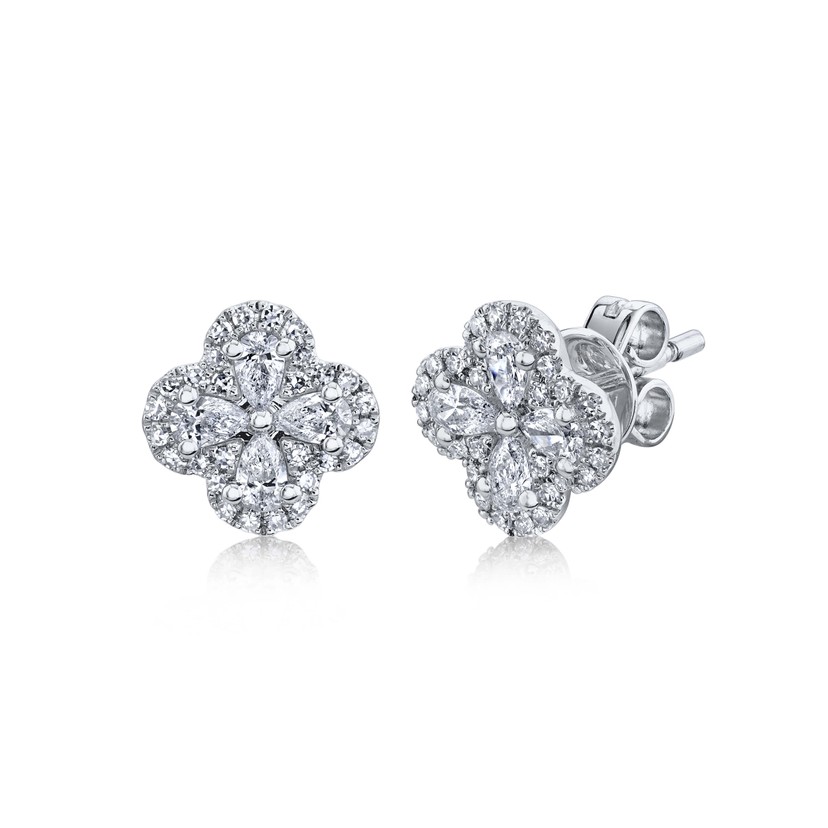 14k White Gold Diamond Clover Stud Earrings