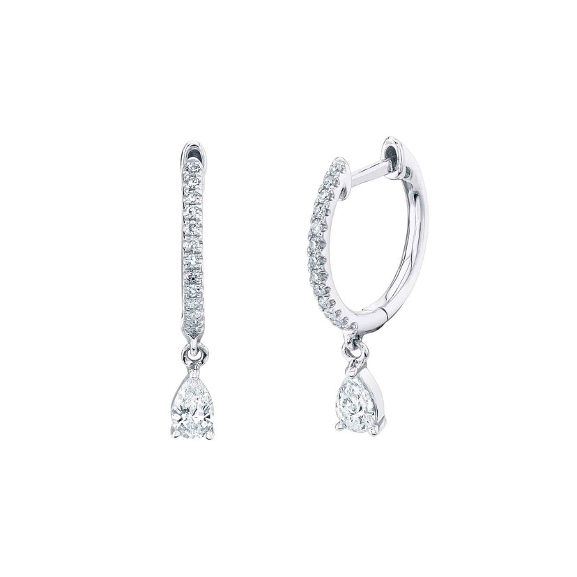 14k White Gold Dangle Diamond Huggie Earrings