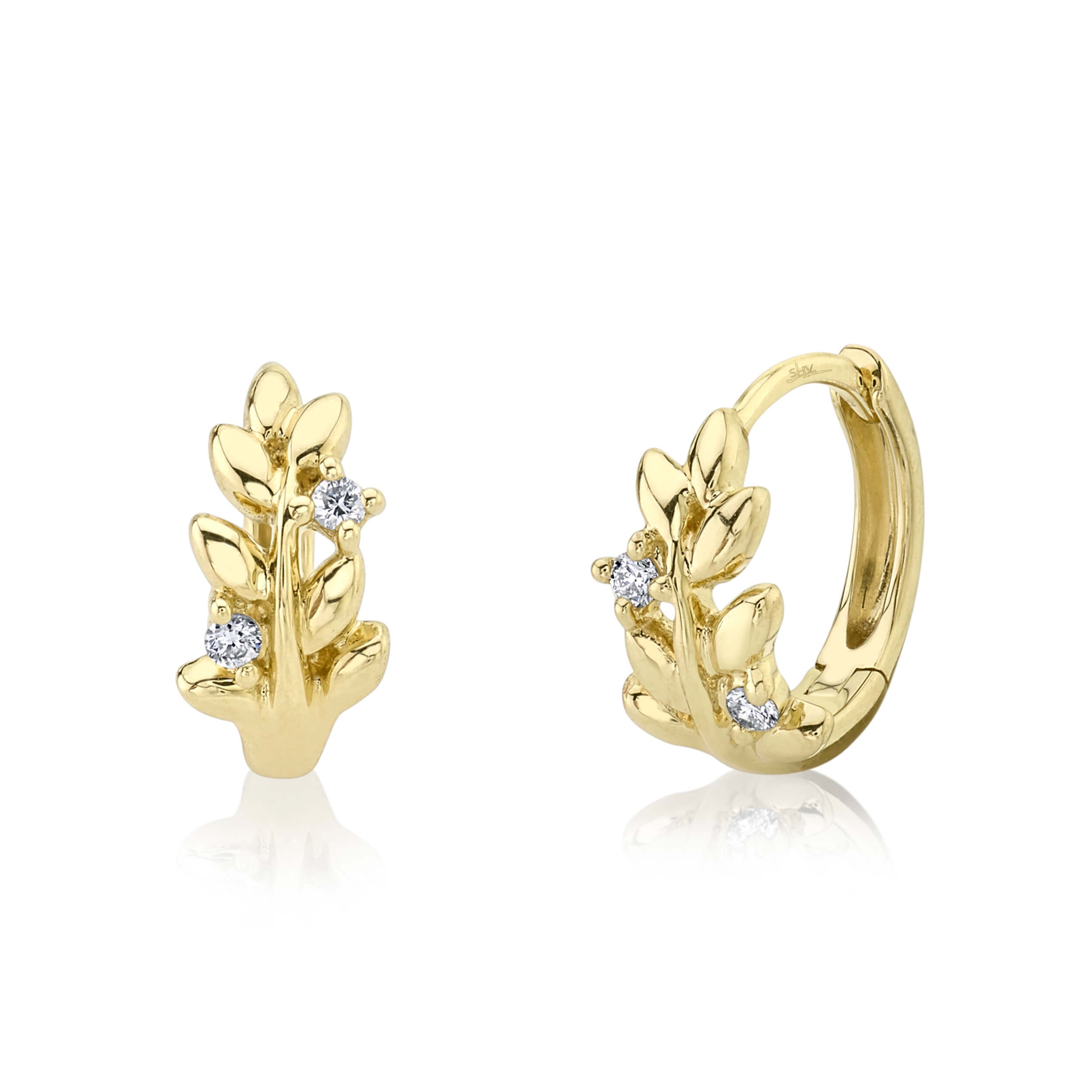 14k Yellow Gold Diamond Tree Branch Huggie Earrings