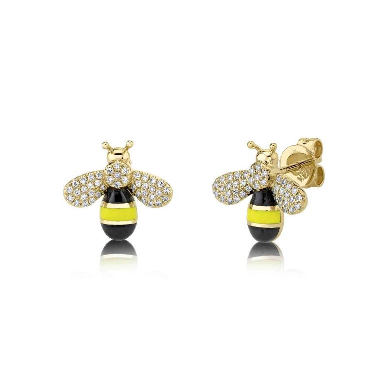 14k Yellow Gold Enamel Diamond Bee Stud Earrings