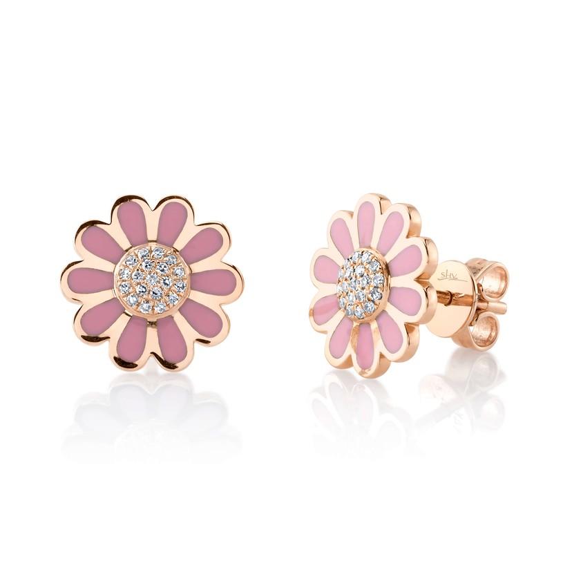 14k Rose Gold Pink Flower Diamond Earrings