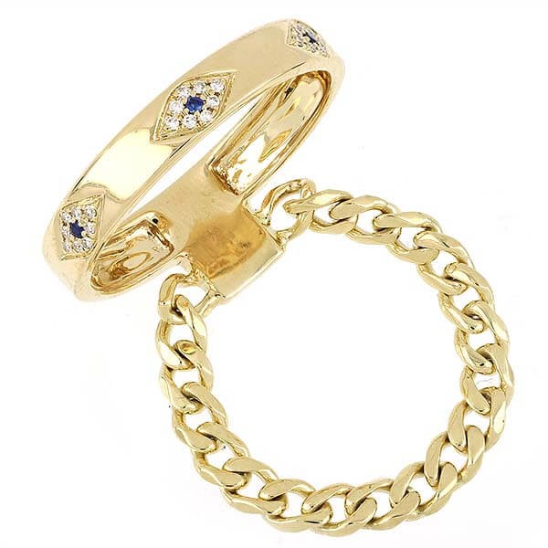14k Yellow Gold Evil Eye Sapphire Diamond Chain Ring