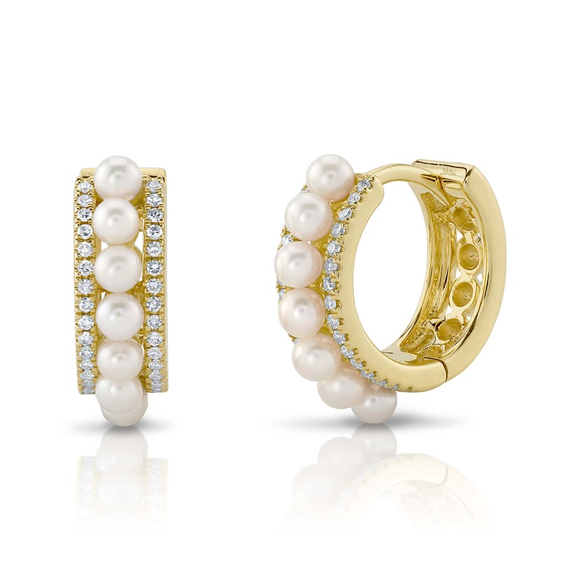 14k Yellow Gold Pearl Diamond Huggie Earrings