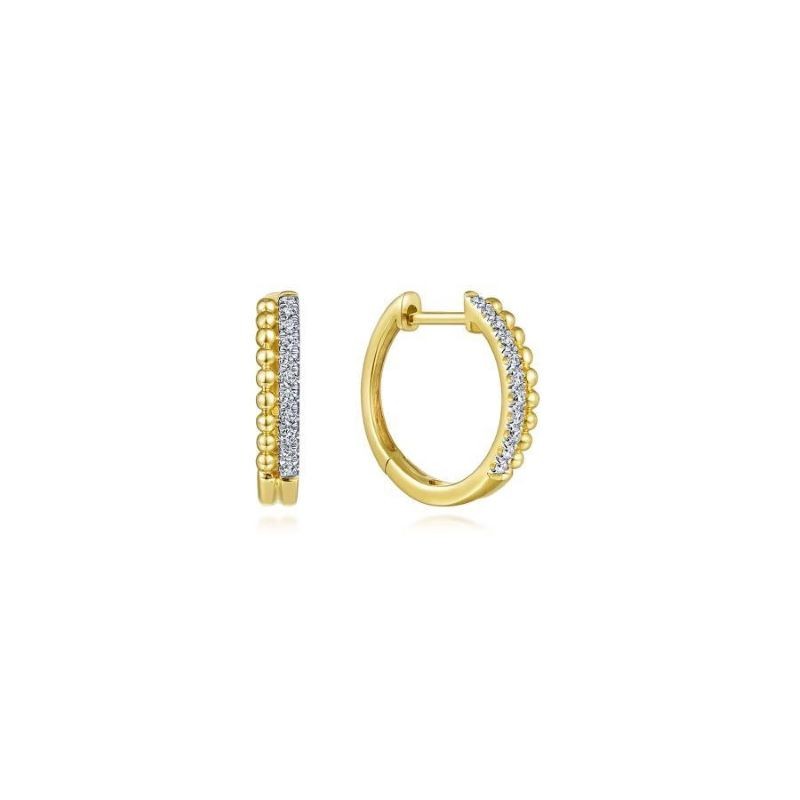 14k Yellow Gold 2 Row Beaded Diamond Hoop Earrings