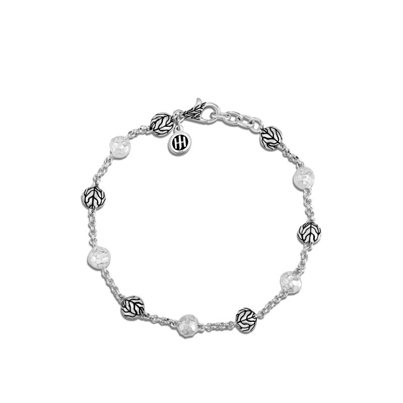 Silver Classic Chain Hammered Bead Bracelet