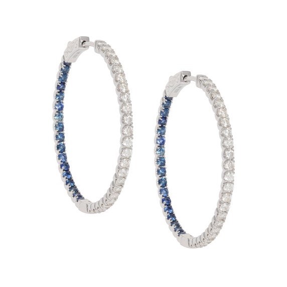 14k White Gold Diamond and Sapphire Hoop Earrings