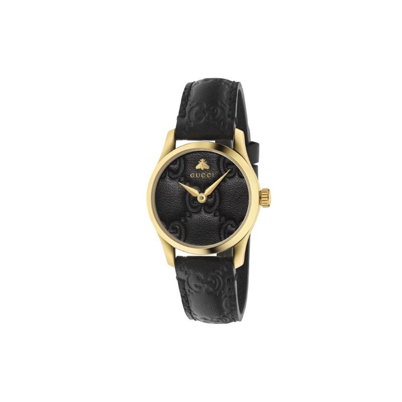 G Timeless Black Dial Black Leather Ladies Watch