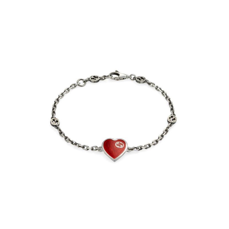 Sterling Silver Interlocking G Red Heart Bracelet