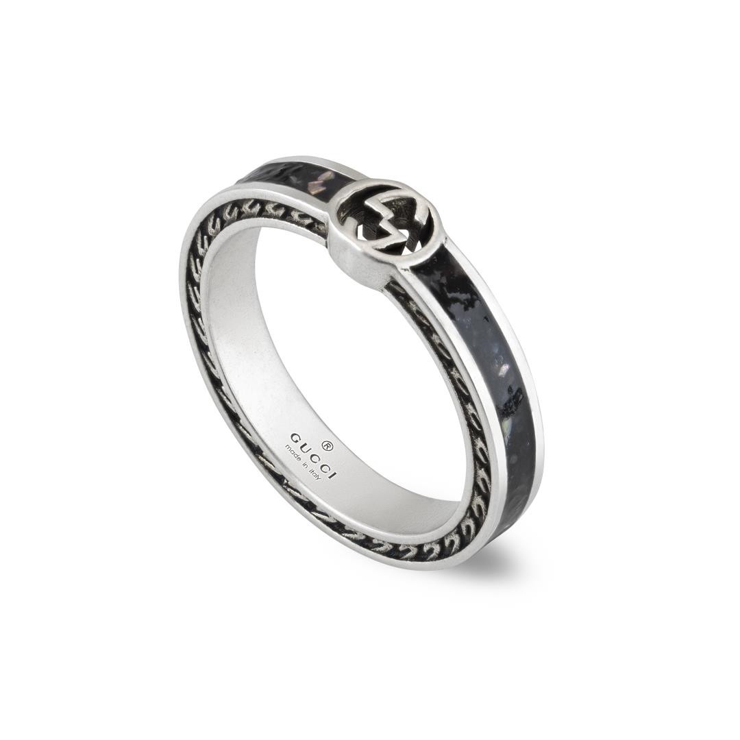 Silver Interlocking G Shiny Black Enamel Ring